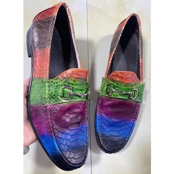 Италия, разноцветные лоферы из натуральной кожи с рисунком рыбьей чешуи, Роскошные модельные туфли без застежки, мужские вечерние и свадебные туфли