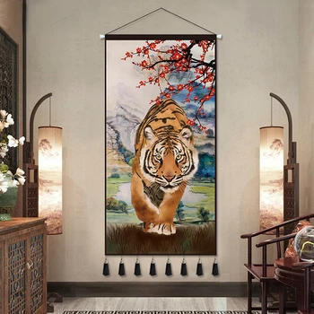 Настенная живопись в традиционном китайском стиле с тигровым свитком, Ретро Декор комнаты, Эстетическое украшение в стиле Фэншуй, Украшение для домашнего Офиса