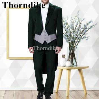Мужской длинный пиджак Thorndike в новом стиле, трендовый смокинг, красивый пиджак для выпускного вечера, изготовленный на заказ, темно-зеленый, из 3 предметов