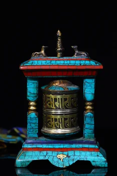 Коллекция тибетского храма 5 дюймов, золотая бронзовая мозаика, драгоценный камень, бирюзовое молитвенное колесо, Писание Дхармы, городской дом, экзорцизм