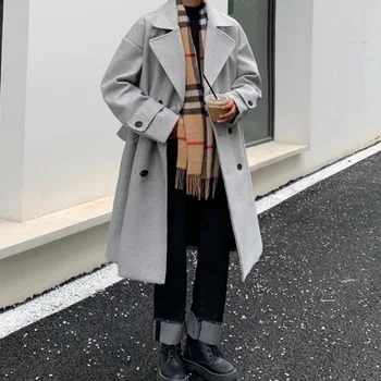 Зимнее Утепленное Длинное шерстяное пальто для мужчин в корейском стиле, однотонные мужские повседневные роскошные модные Тренчи