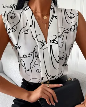 Wedifor 2023, Летние женские блузки с модным принтом, Рубашки без рукавов с V-образным вырезом, Элегантные топы, Повседневные офисные женские блузки
