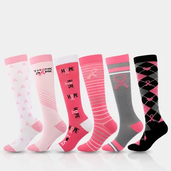 Розовые компрессионные носки с красочной лентой, 6 пар носков для медсестры с логотипом СПИДа, Спортивные компрессионные чулки для бега, Прямые продажи с Фабрики