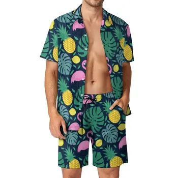 Мужские комплекты с забавными пальмовыми листьями, Повседневные шорты с принтом Ананаса, Фламинго, лимона, уличная рубашка для фитнеса, Летний гавайский костюм из двух предметов