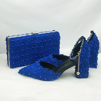 BaoYaFang Королевские синие бусины с цветочным ремешком Свадебные туфли Невесты с острым носком на высоком квадратном толстом каблуке, вечерние модельные туфли и сумка в комплекте