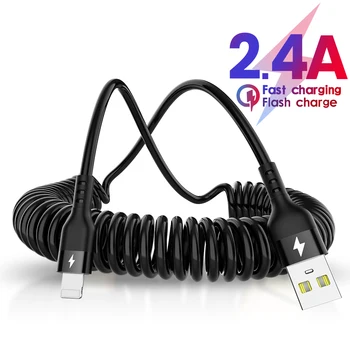 Пружинный USB-кабель для iPhone 14 13 12 11 Pro Max XS XR X Выдвижной Кабель для передачи данных от USB A До 8-контактного кабеля для быстрой зарядки 1/1,5 м