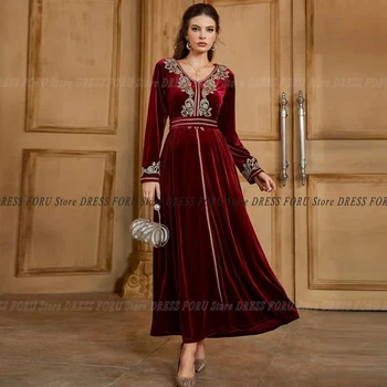 Pmwrun Бордовые Велюровые Марокканские Вечерние платья для женщин с длинным рукавом, Золотая вышивка, Элегантное вечернее платье Трапециевидной формы, одежда для вечеринок