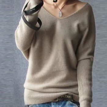 Демисезонный кашемировый свитер, женский модный сексуальный свитер с v-образным вырезом, свободный шерстяной свитер с рукавом 