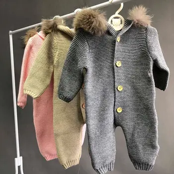 JANEFUR/ Одежда для малышей, Вязаный Комбинезон с меховым воротником для Новорожденных, Милый Теплый Цельный Комбинезон для маленьких Девочек и мальчиков 0-12 месяцев