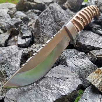 Прямой нож, спасательный походный тактический нож с деревянной ручкой, лезвие из стали 7Cr13Mov