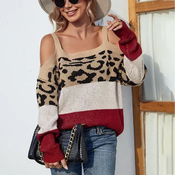 Повседневный и удобный осенне-зимний 2023 Новый контрастный леопардовый вязаный сексуальный женский свитер без бретелек