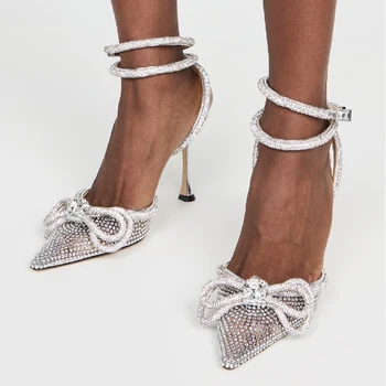 Туфли-лодочки с бантом и стразами, прозрачный ПВХ, роскошный дизайн, Сексуальные туфли на высоком каблуке с острым носком и ремешком на щиколотке, женские туфли в римском стиле