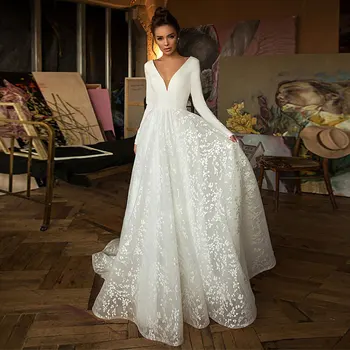 Свадебное платье в стиле Бохо Vestido Novia, Атласное Длинное Платье с длинными рукавами, Вечернее платье Простой невесты