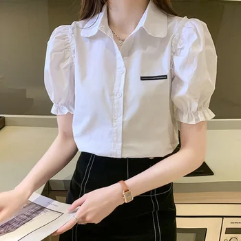 Французская женская шикарная шифоновая рубашка с пузырчатым рукавом, короткий рукав, свободный