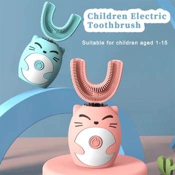 Электрическая детская Зубная щетка Kitty Из пищевого Силикона, детская Автоматическая Перезаряжаемая Умная детская Зубная щетка U-Образной формы На 360 Градусов