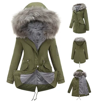 Куртки Inter для женщин 2023, Европейская парка, Хлопчатобумажные Теплые меховые пальто средней длины с капюшоном, Женская куртка