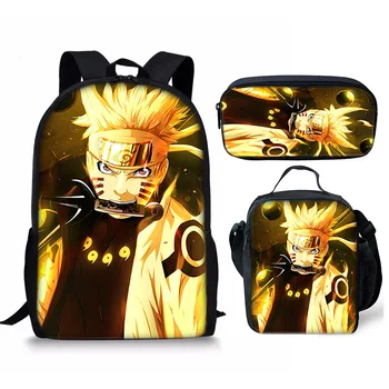Школьная сумка Bandai Naruto, сумка для ланча с принтом, Пенал, рюкзак, набор подарков из трех предметов, рюкзак с молнией на плечах