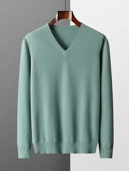 Новый свитер из шерсти мериноса, Мужской пуловер с V-образным вырезом, Топ 2023, осенне-зимний вязаный Повседневный Свободный жакет из 100% чистой шерсти