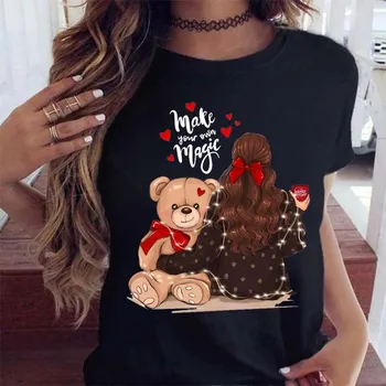 С Рождеством Христовым, Женская футболка, Футболки с рисунком милого мультяшного медведя, черная рубашка с коротким рукавом для девочек 90-х, модные топы, футболка