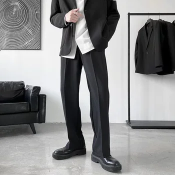 Летний Однотонный костюм, брюки, мужская мода, мужские модельные брюки, Корейские Свободные Прямые брюки, мужские официальные брюки, большие размеры