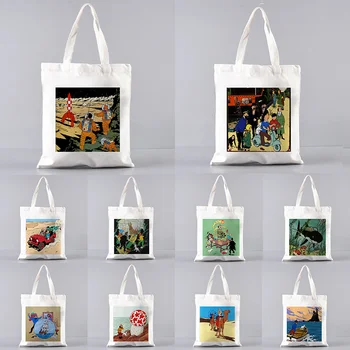 Сумка-тоут с принтом Tintin, Модная Забавная сумка для покупок на плечо, Милые холщовые сумки Harajuku, Женские сумки-Мессенджеры Большой емкости, Классный кошелек