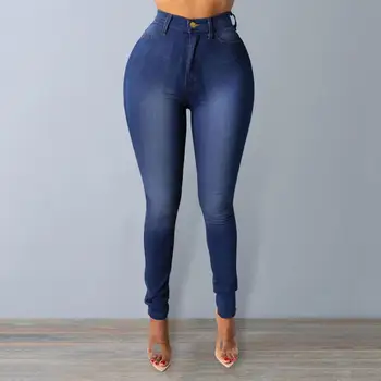 Женские джинсы, однотонные Женские Джинсы с застиранными карманами, Джинсовые брюки с высокой талией, на молнии и пуговицах, Облегающие женские брюки-карандаш
