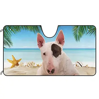 Солнцезащитный козырек на лобовое стекло автомобиля с собакой CafeTime, Симпатичный белый бультерьер на пляже, декор для переднего лобового стекла автомобиля, солнцезащитный козырек U