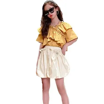 Летние Комплекты одежды для девочек, топы и шорты с короткими рукавами, корейские костюмы, костюмы для маленьких детей 6, 7, 8, 9, 10, 12, 14 лет