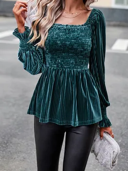 Элегантная бархатная блузка, женские осенне-зимние рубашки с рукавами-фонариками, офисные женские повседневные пуловеры с квадратным вырезом, однотонные тонкие пуловеры, топ
