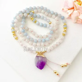 MN35012 Ожерелье Мала С Лунным Камнем Аквамарином И Аметистом Guru Crystal 108 Четки Для Медитации 