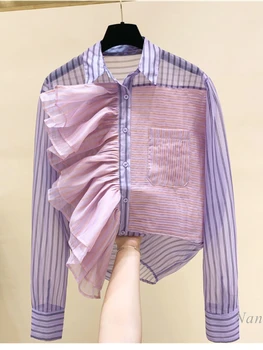 2023, Весенне-летняя Женская Свободная рубашка в полоску в Корейском стиле, Новая Блузка с рюшами, Модные Женские Топы Для девочек, Blusas Mujer De Moda