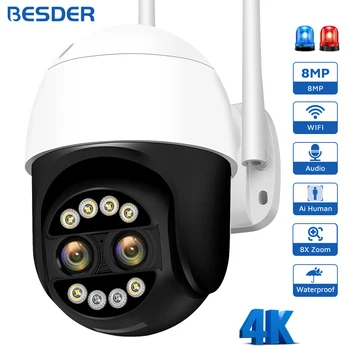 8-мегапиксельная WiFi-камера, IP-камера видеонаблюдения с двумя объективами, 8-кратный цифровой зум, цветное ночное видение IP66, уличная камера видеонаблюдения 4K