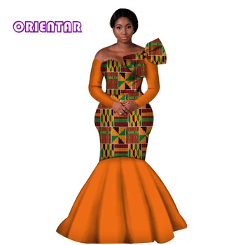 Женское Африканское платье, Африканское платье с восковым принтом, платье Русалки с открытыми плечами и длинными рукавами, платье с бантом, Большие размеры, Свадебная вечеринка, WY3966