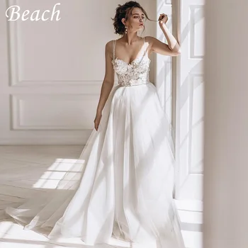 Пляжное белое Свадебное платье на тонких бретельках 2023, Кружевные аппликации, Длинные рукава, Трапециевидное Простое свадебное платье Robe De Mariee