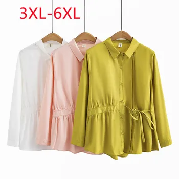 Новинка 2023, Женские весенне-осенние топы больших размеров для женщин, Розовая рубашка с круглым вырезом и длинными рукавами Большого размера 3XL 4XL 5XL 6XL