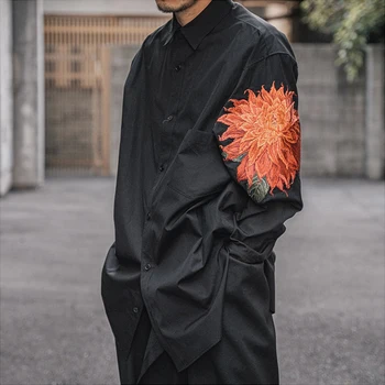 Yohji Yamamoto 22SS Вышивка Георгин Цветы и растения Для мужчин и женщин Рубашка с длинным рукавом