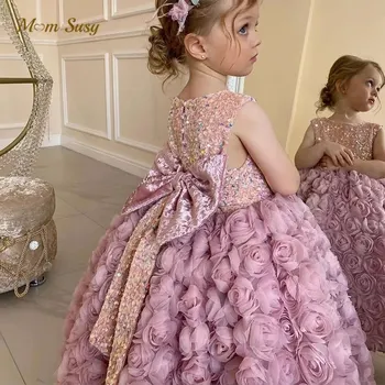 Модное платье-пачка принцессы с блестками и цветочным узором для маленьких девочек, Детское винтажное праздничное платье из тюля, Бальное платье на день рождения от 1 до 12 лет