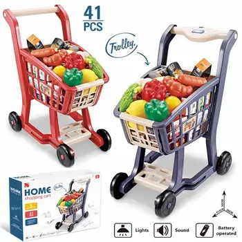 Трансграничная детская Имитационная корзина для покупок в супермаркете, набор светомузыкальных игрушек для покупок фруктов и овощей в супермаркете