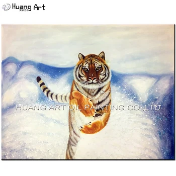 Ручная роспись Тигра, бегущего по снегу, картина для декора стен комнаты, Реалистичная высококачественная картина маслом животных на холсте