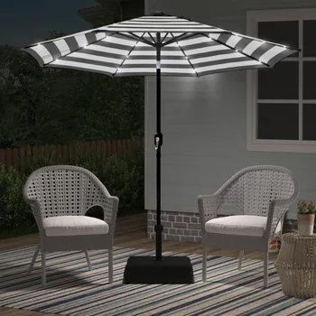 Abble 9'Черно-белый полосатый восьмиугольный зонт для патио со светодиодной подсветкой, зонты для затенения, пляжный зонт для улицы