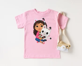 Футболки для маленьких девочек, футболка с изображением кукольного домика Kawaii Gabbys, Милая детская одежда с графическим принтом, розовые футболки, эстетичный топ для девочек