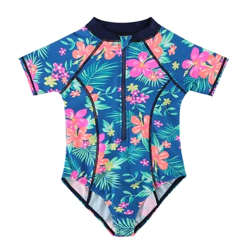Цельный купальник с милым принтом для маленьких девочек, купальный костюм с короткими рукавами, детский купальный костюм с защитой от солнца UPF Sunsuit для детей
