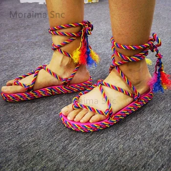 Хлопковые сандалии на танкетке для женщин, Эспадрильи в этническом стиле с плоским ремешком на щиколотке, Роскошная дизайнерская летняя пляжная обувь для путешествий