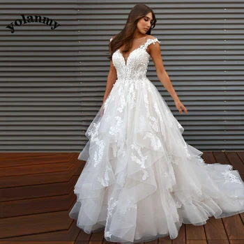 Классические Свадебные Платья YOLANMY Для невест 2023 с многослойными Рюшами И Аппликациями, Вечерние Платья С Круглым Вырезом, Персонализированные Для Женщин