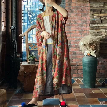 Хлопчатобумажный и льняной весенне-летний кардиган в стиле дзен, длинный тренч с принтом В национальном стиле в стиле ретро
