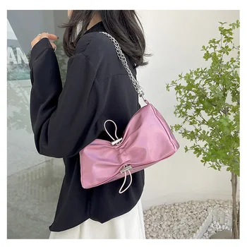 Версия Bow Cloud Bag для Женщин 2023, Новая Однотонная Плиссированная Сумка на Шнурке, Сумка через плечо, Розовая Сумка