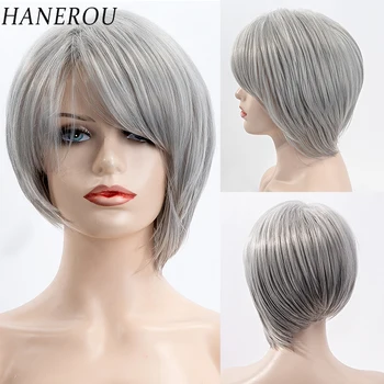 HANEROU Короткий прямой женский парик из синтетических серебристо-серых натуральных волос с челкой для ежедневного косплея на вечеринку