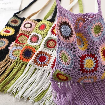 Настоящая съемка, ретро-бабушкина сумка ручной работы с крючком и цветочной кисточкой, тканая шерстяная сумка для путешествий в этническом стиле, сумка через плечо на одно плечо