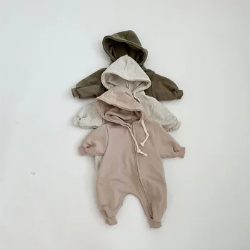 Свитер с капюшоном на молнии для маленьких девочек, комбинезон для новорожденных мальчиков, хлопковый удобный комбинезон с длинными рукавами, весенне-осенняя одежда для малышей