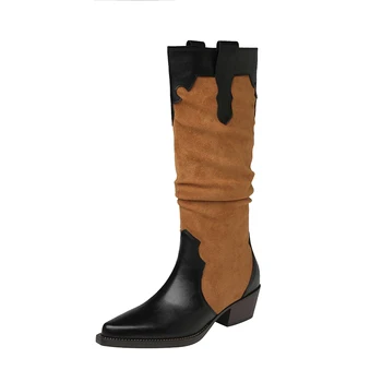 Ins/ Ковбойские женские ботинки в западном стиле, разноцветные плиссированные ботинки до середины икры из коровьей кожи, обувь на среднем каблуке, Модная осенне-зимняя обувь
